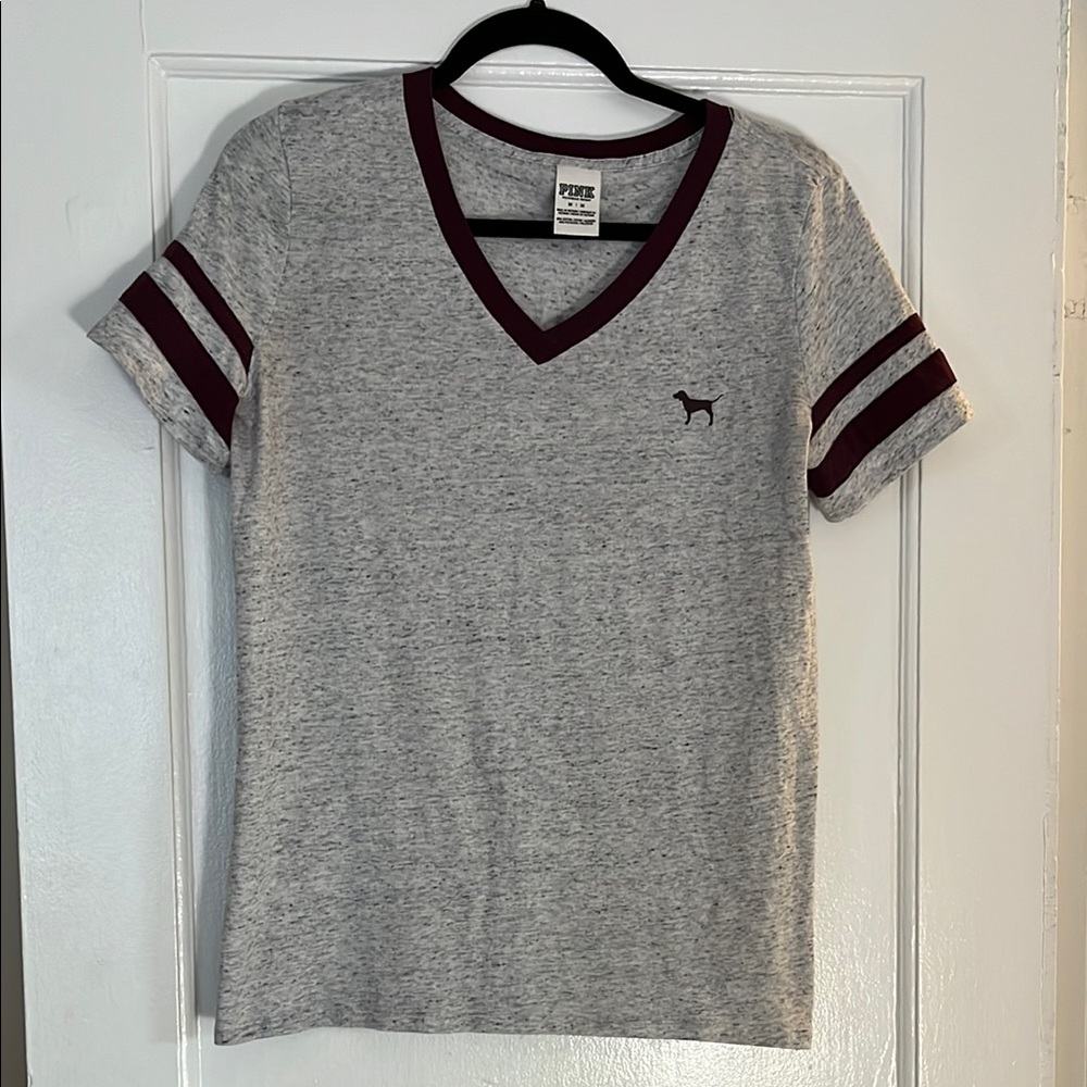 Gray V-Neck T-Shirt with Maroon Accents